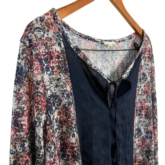 Kate & Sam Floral Blouse 2X Semi Sheer Tassles Navy Blue Red White Peplum Top - Picture 4 of 9